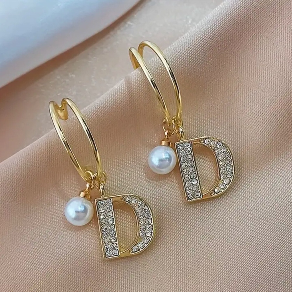 Gold and Silver Initial D Earrings with Pearl